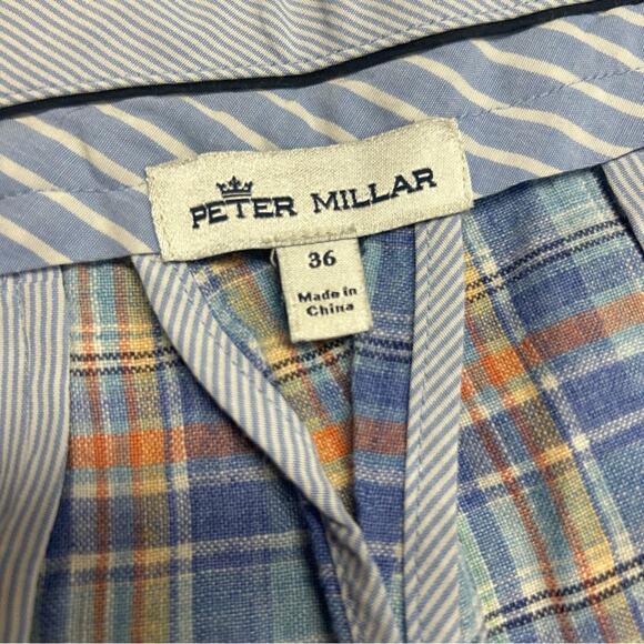 Peter Millar Shorts 100% Linen Checkered Blue Orange White Mens Size 36 - Picture 3 of 6